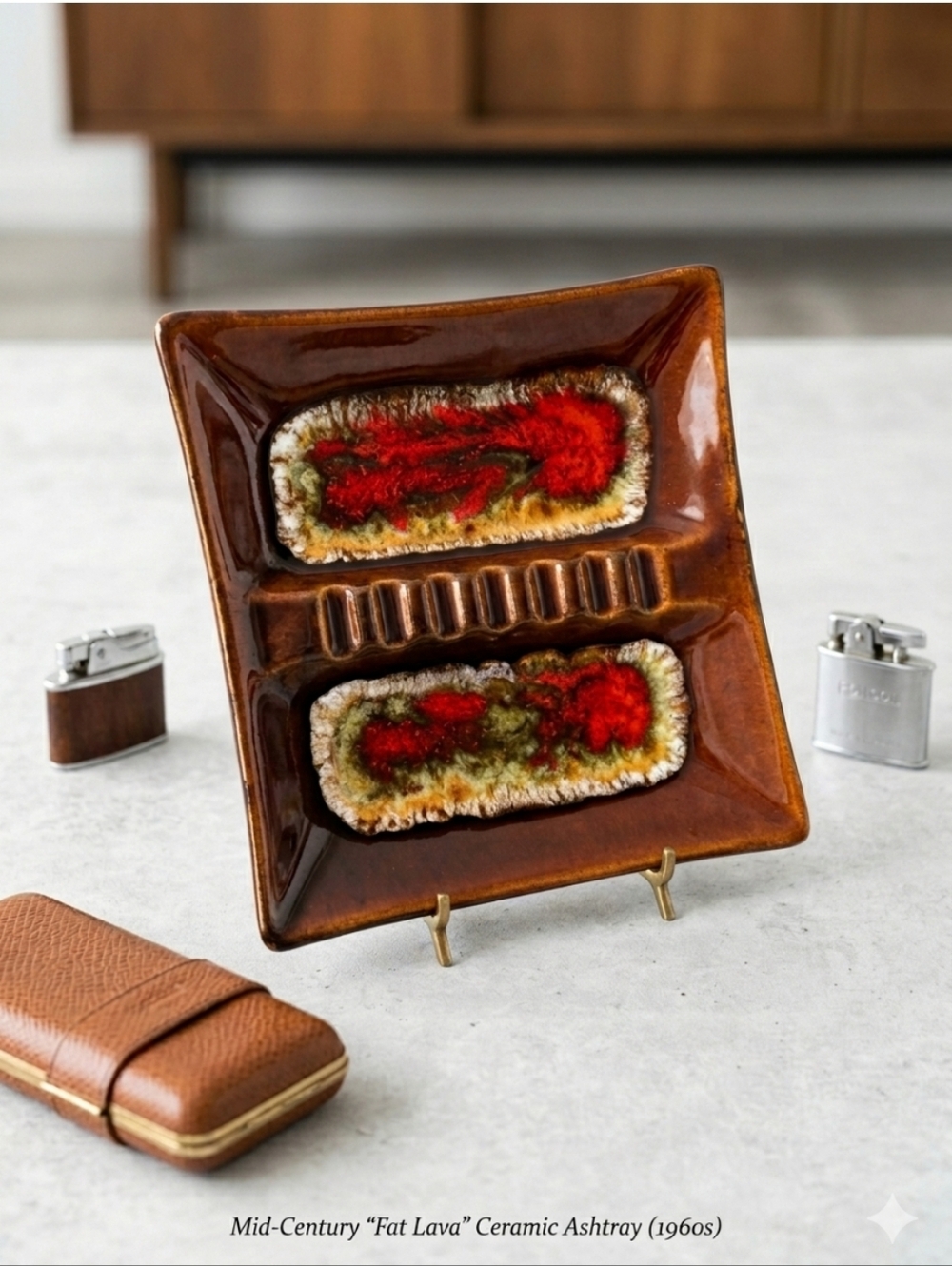 Vintage Ceramic 10" Square Ashtray with Reactive Glaze  Brown & Red